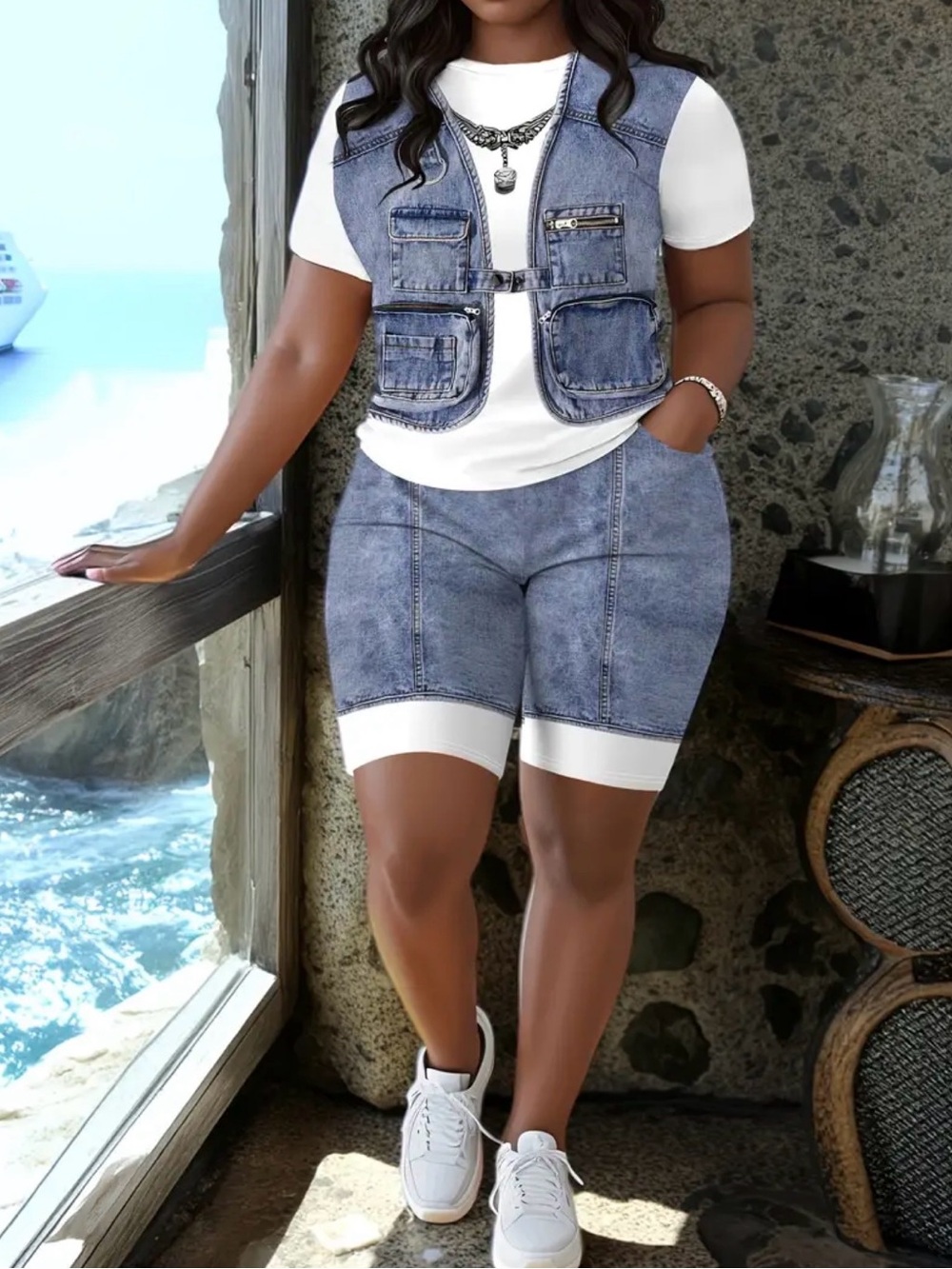 Denim-Look Vest & Bike Short Set - Blue